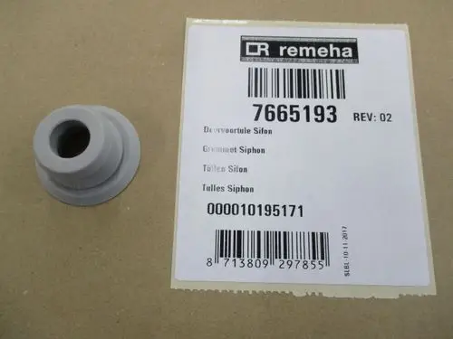 Grommet Siphon von Remeha, graues Kunststoffteil mit sich verjüngendem Rohrdurchgang und breiter Basis, auf einem hellbraunen Hintergrund.